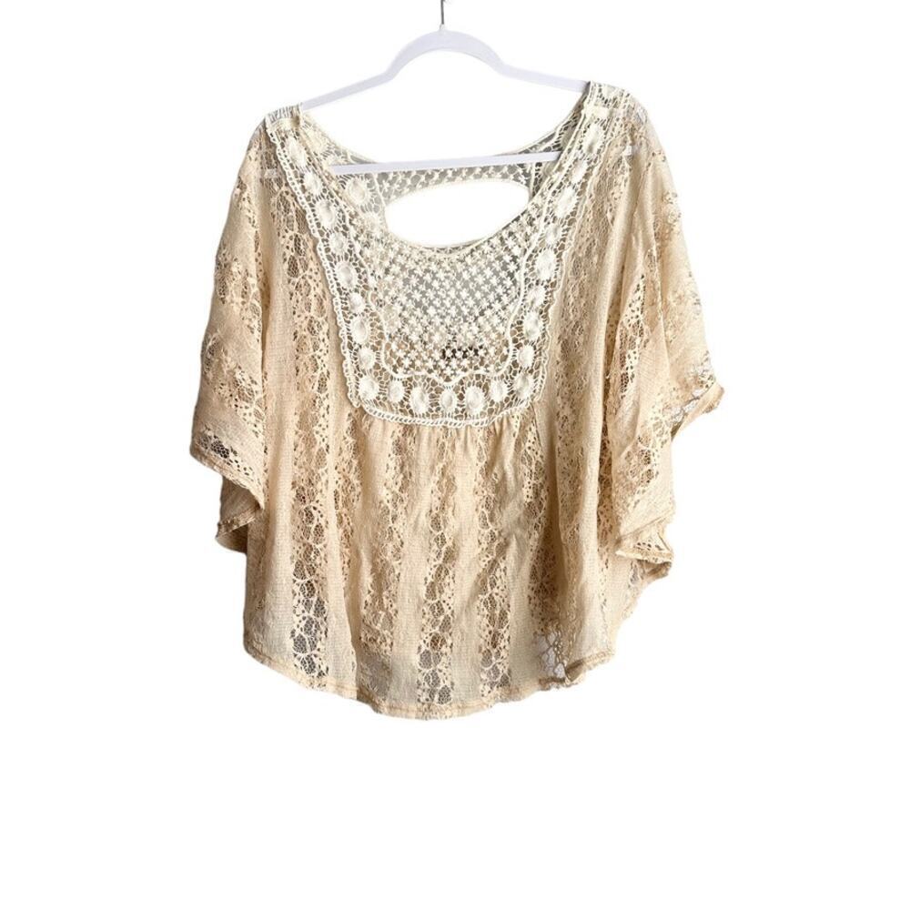 Libian Lace Embroidered Blouse Women's L Beige Boho‎ Minimalist Wide Sleeve